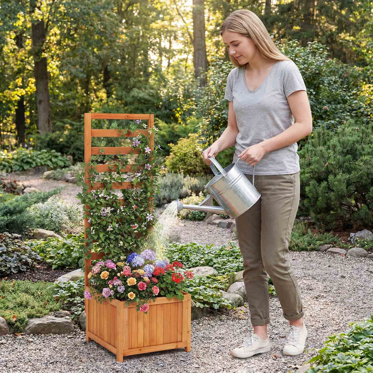 48 Inch Wood Raised Garden Bed with Trellis with Drainage Holes-Natural-Raised Garden Beds-DECOROLALA