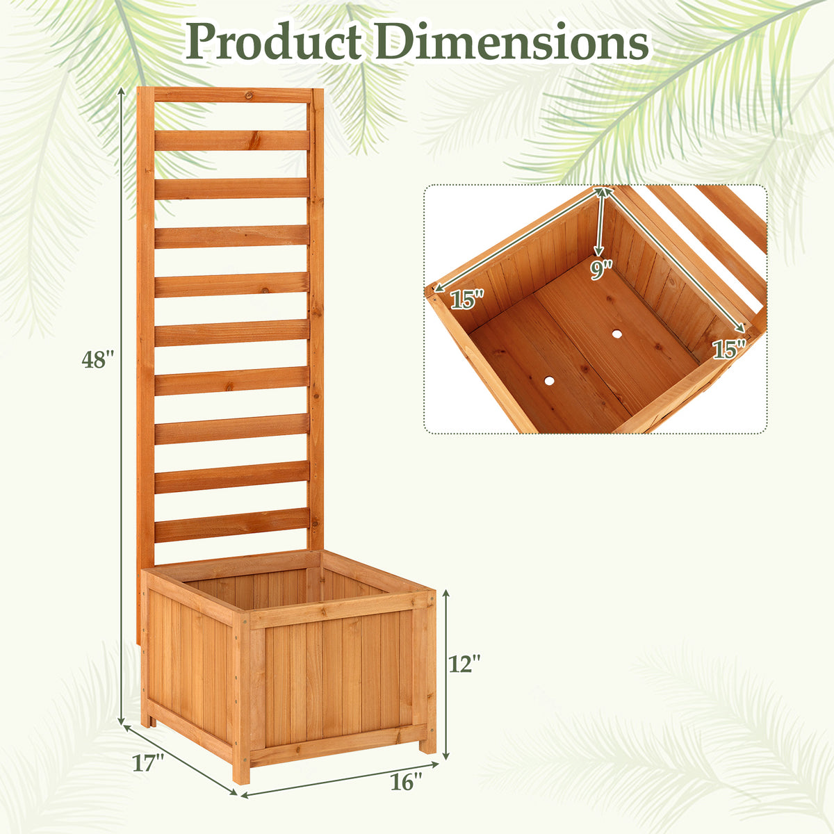 48 Inch Wood Raised Garden Bed with Trellis with Drainage Holes-Natural-Raised Garden Beds-DECOROLALA