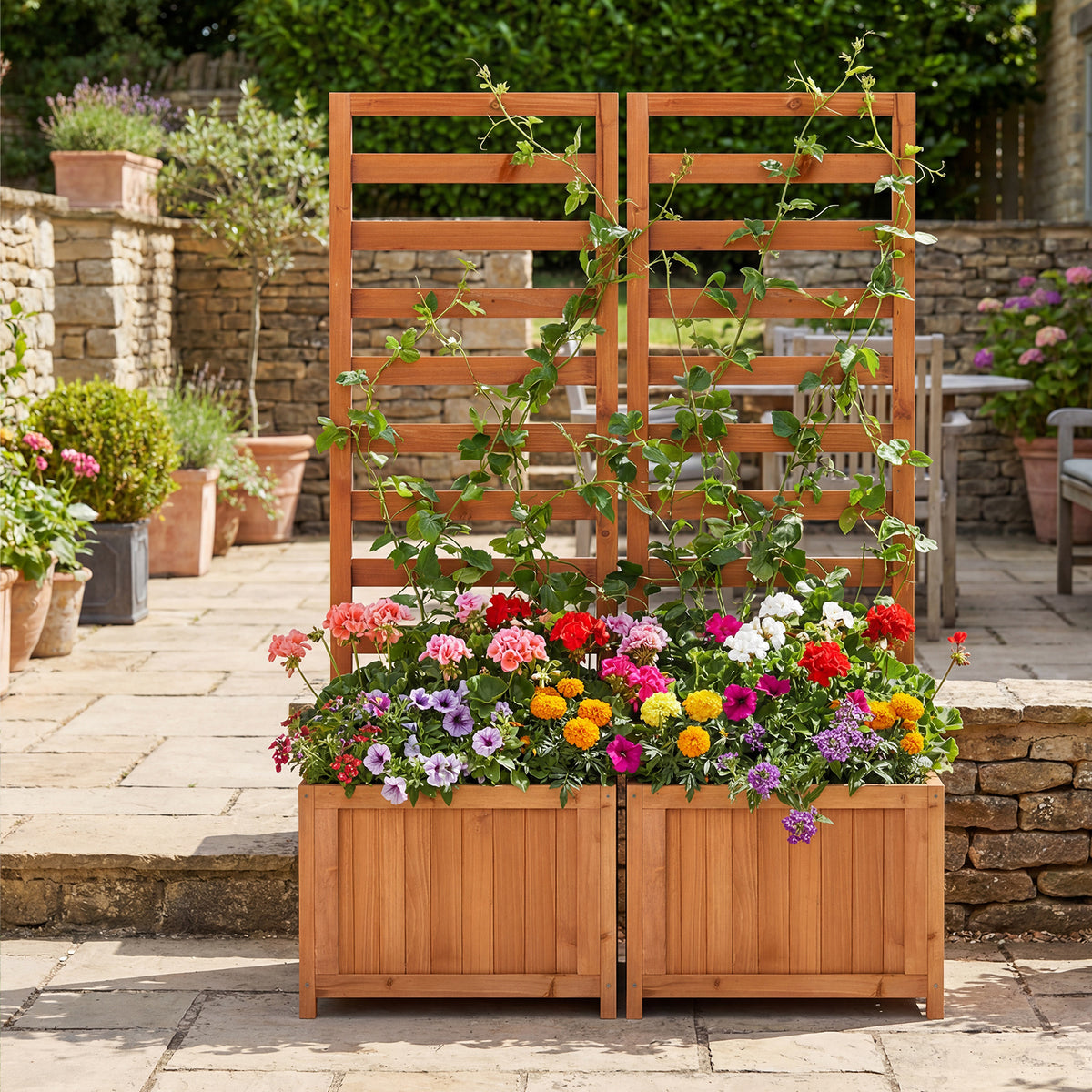 48 Inch Wood Raised Garden Bed with Trellis with Drainage Holes-Natural-Raised Garden Beds-DECOROLALA