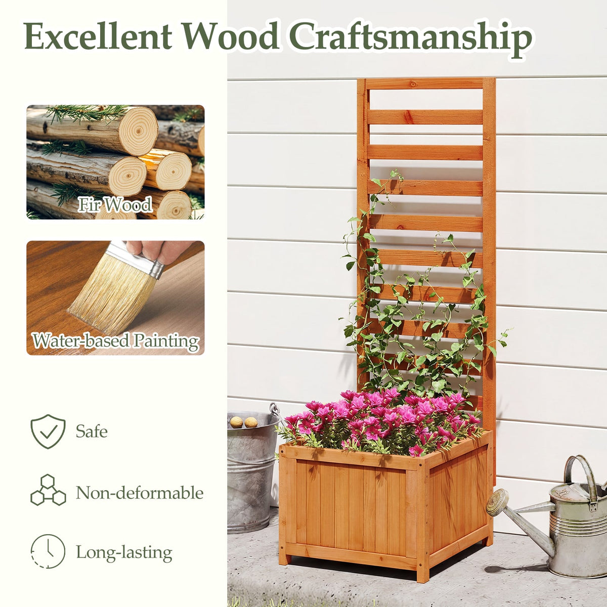 48 Inch Wood Raised Garden Bed with Trellis with Drainage Holes-Natural-Raised Garden Beds-DECOROLALA
