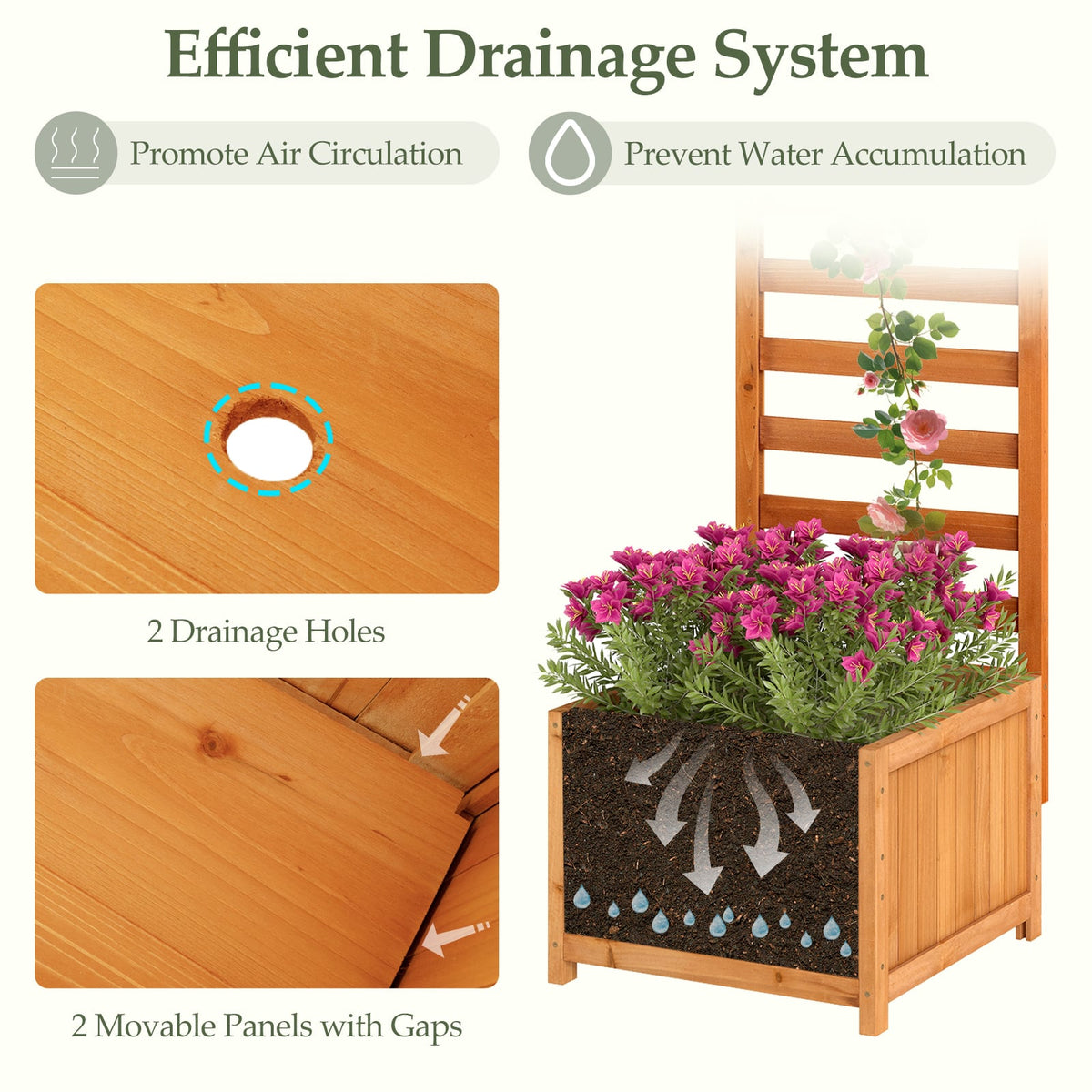 48 Inch Wood Raised Garden Bed with Trellis with Drainage Holes-Natural-Raised Garden Beds-DECOROLALA