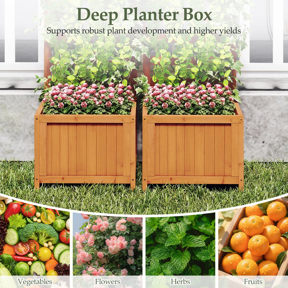 48 Inch Wood Raised Garden Bed with Trellis with Drainage Holes-Natural-Raised Garden Beds-DECOROLALA
