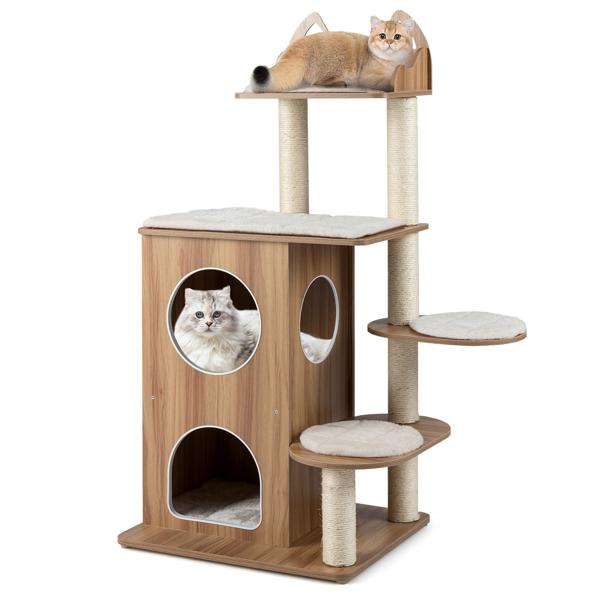 48 Inch Wooden Cat Tree with 2-Floor Condo and Washable Cushions-Natural-Cat Trees & Scratchers-DECOROLALA
