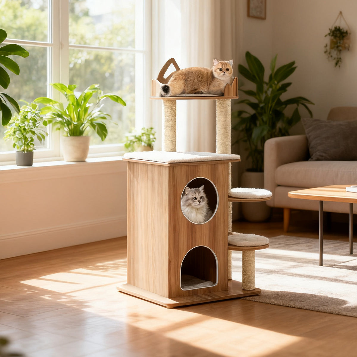 48 Inch Wooden Cat Tree with 2-Floor Condo and Washable Cushions-Natural-Cat Trees & Scratchers-DECOROLALA