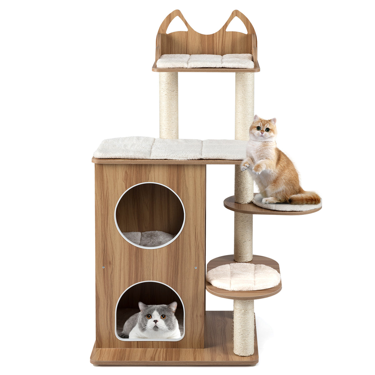 48 Inch Wooden Cat Tree with 2-Floor Condo and Washable Cushions-Natural-Cat Trees & Scratchers-DECOROLALA