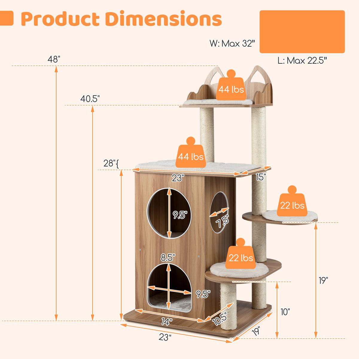 48 Inch Wooden Cat Tree with 2-Floor Condo and Washable Cushions-Natural-Cat Trees & Scratchers-DECOROLALA