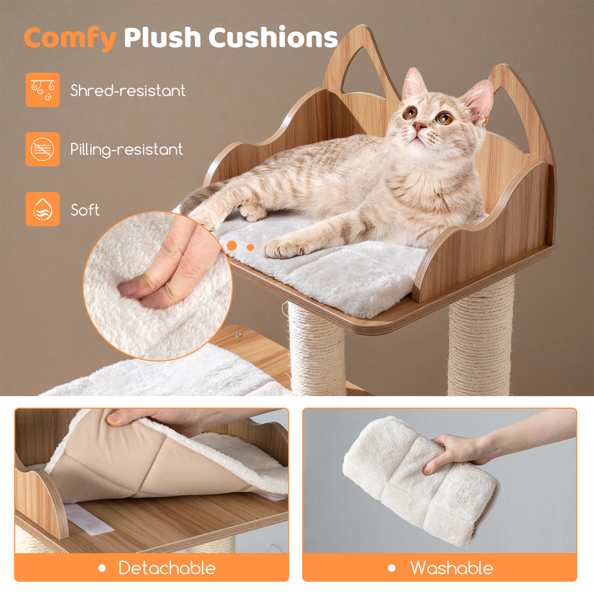 48 Inch Wooden Cat Tree with 2-Floor Condo and Washable Cushions-Natural-Cat Trees & Scratchers-DECOROLALA