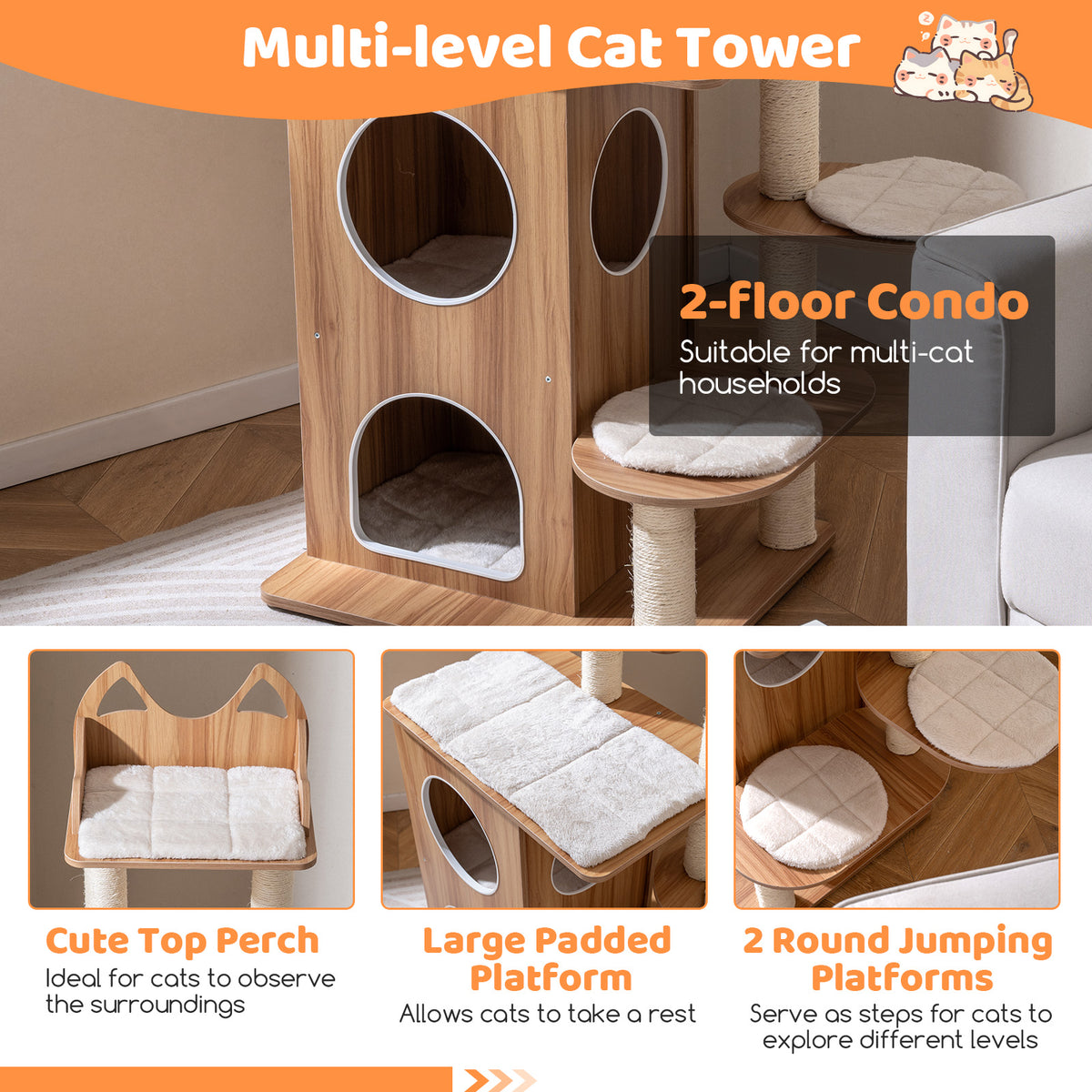 48 Inch Wooden Cat Tree with 2-Floor Condo and Washable Cushions-Natural-Cat Trees & Scratchers-DECOROLALA