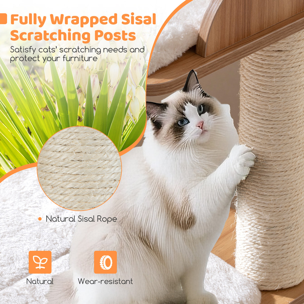 48 Inch Wooden Cat Tree with 2-Floor Condo and Washable Cushions-Natural-Cat Trees & Scratchers-DECOROLALA