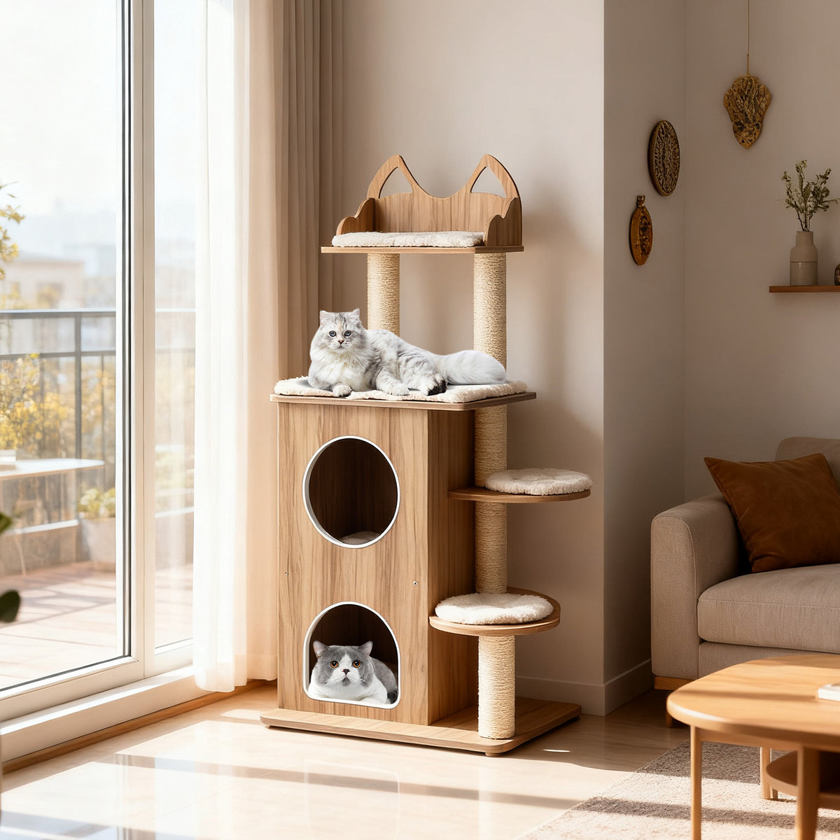 48 Inch Wooden Cat Tree with 2-Floor Condo and Washable Cushions-Natural-Cat Trees & Scratchers-DECOROLALA