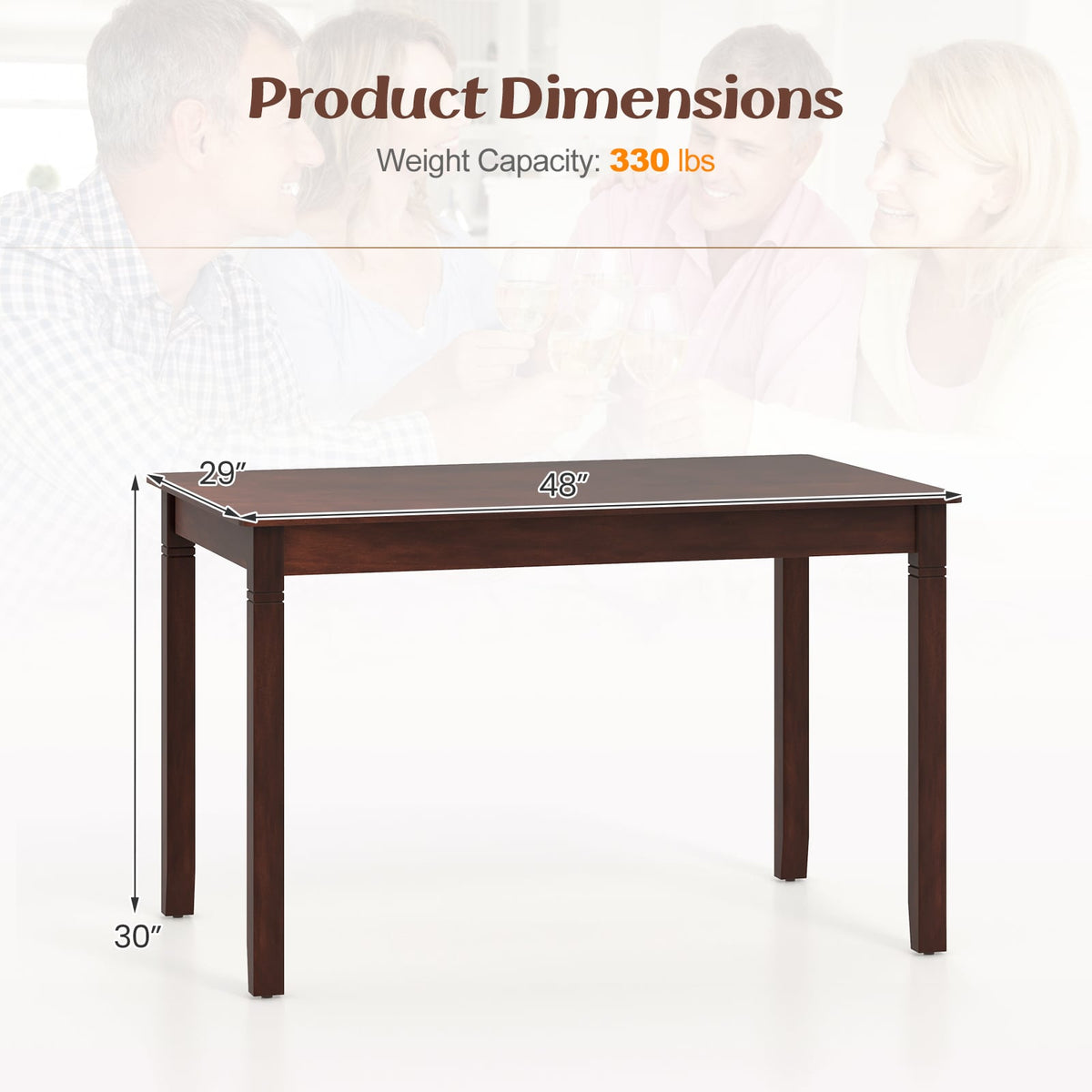 48-Inch Wooden Dining Table for 4 People Rectangular Kitchen Table with Rubber Wood Legs-Cherry-Dining Tables-DECOROLALA
