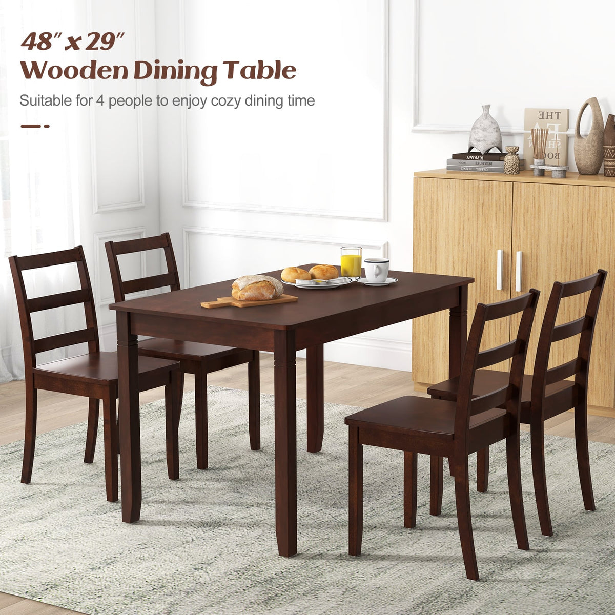 48-Inch Wooden Dining Table for 4 People Rectangular Kitchen Table with Rubber Wood Legs-Cherry-Dining Tables-DECOROLALA