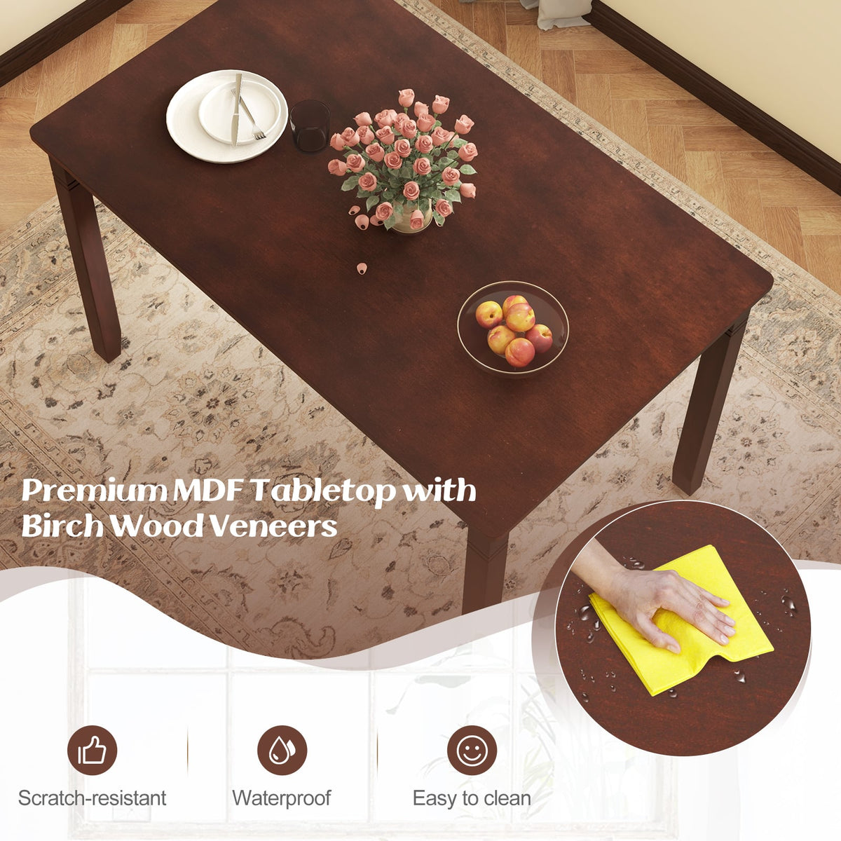 48-Inch Wooden Dining Table for 4 People Rectangular Kitchen Table with Rubber Wood Legs-Cherry-Dining Tables-DECOROLALA
