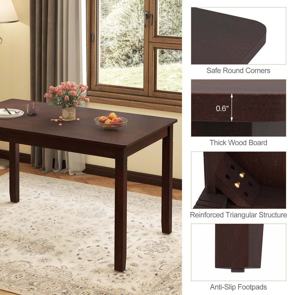 48-Inch Wooden Dining Table for 4 People Rectangular Kitchen Table with Rubber Wood Legs-Cherry-Dining Tables-DECOROLALA