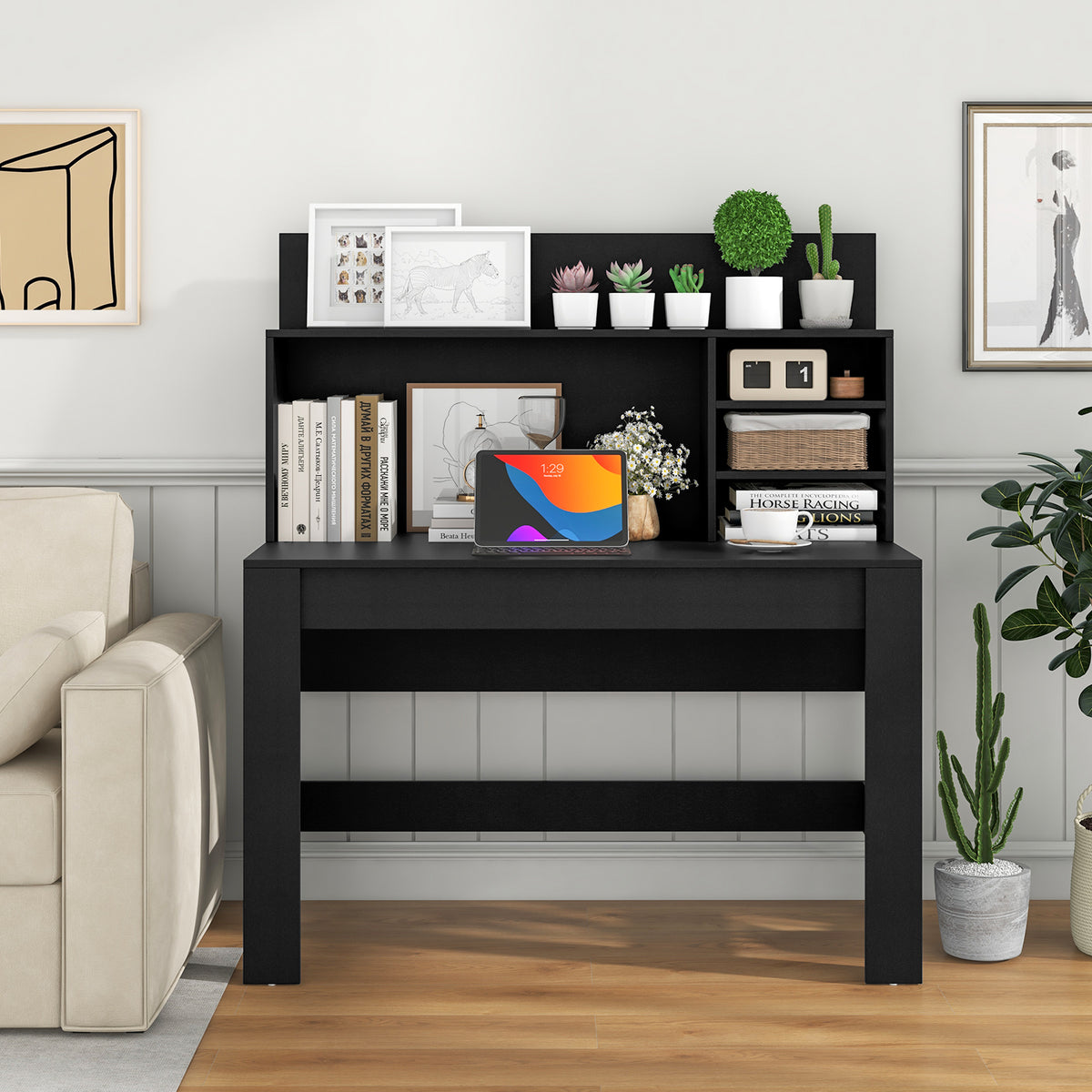 48 Inch Writing Computer Desk with Anti-Tipping Kits and Cable Management Hole-Black-Computer Desks-DECOROLALA