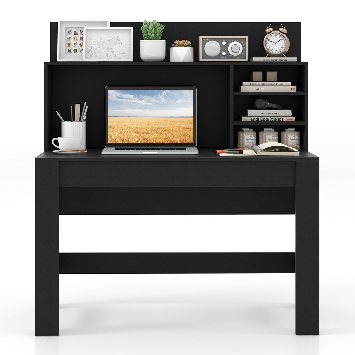 48 Inch Writing Computer Desk with Anti-Tipping Kits and Cable Management Hole-Black-Computer Desks-DECOROLALA