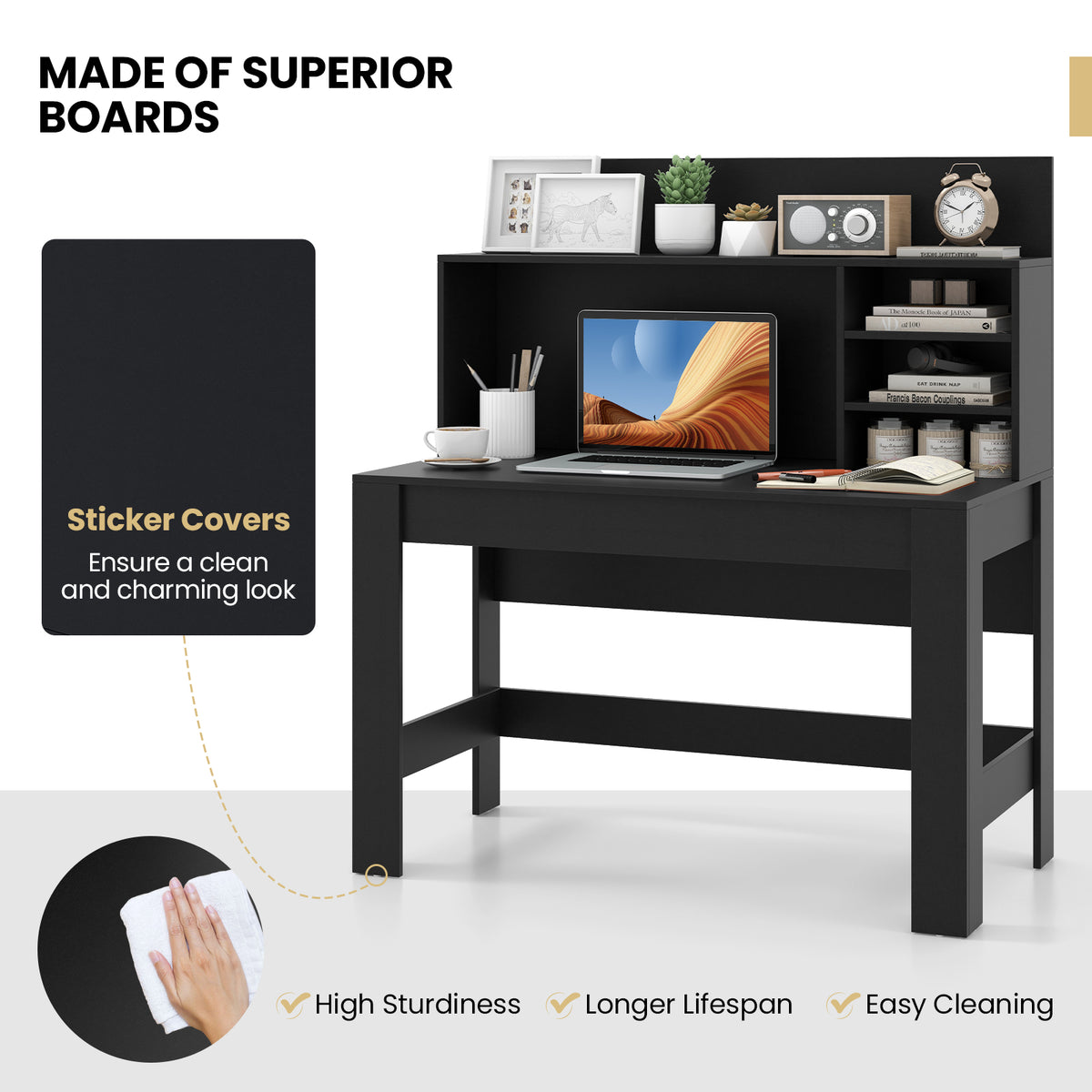 48 Inch Writing Computer Desk with Anti-Tipping Kits and Cable Management Hole-Black-Computer Desks-DECOROLALA