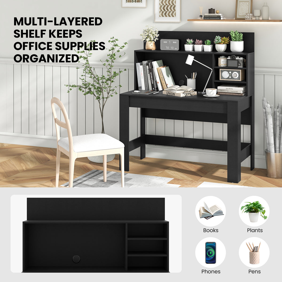 48 Inch Writing Computer Desk with Anti-Tipping Kits and Cable Management Hole-Black-Computer Desks-DECOROLALA