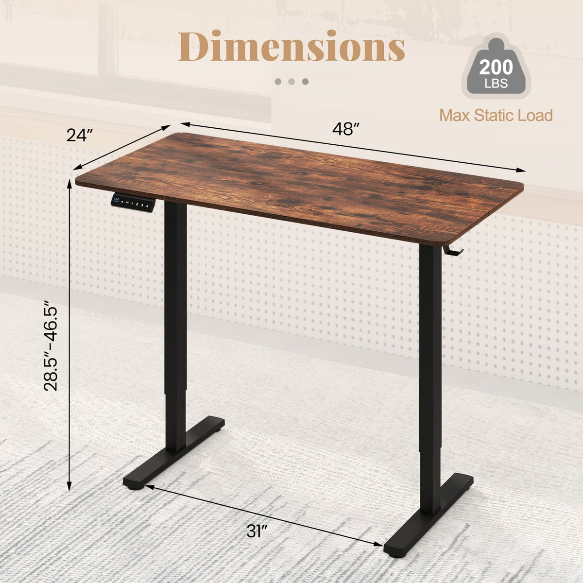 48 Inch x 24 Inch Ergonomic Electric Standing Desk with 3 Memory Settings for Home Office-Rustic Brown-Standing Desks-DECOROLALA