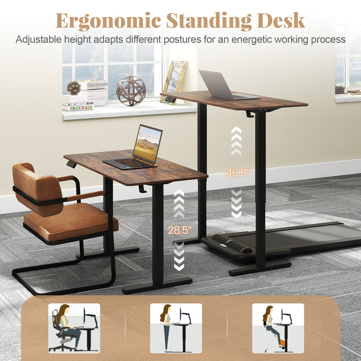 48 Inch x 24 Inch Ergonomic Electric Standing Desk with 3 Memory Settings for Home Office-Rustic Brown-Standing Desks-DECOROLALA