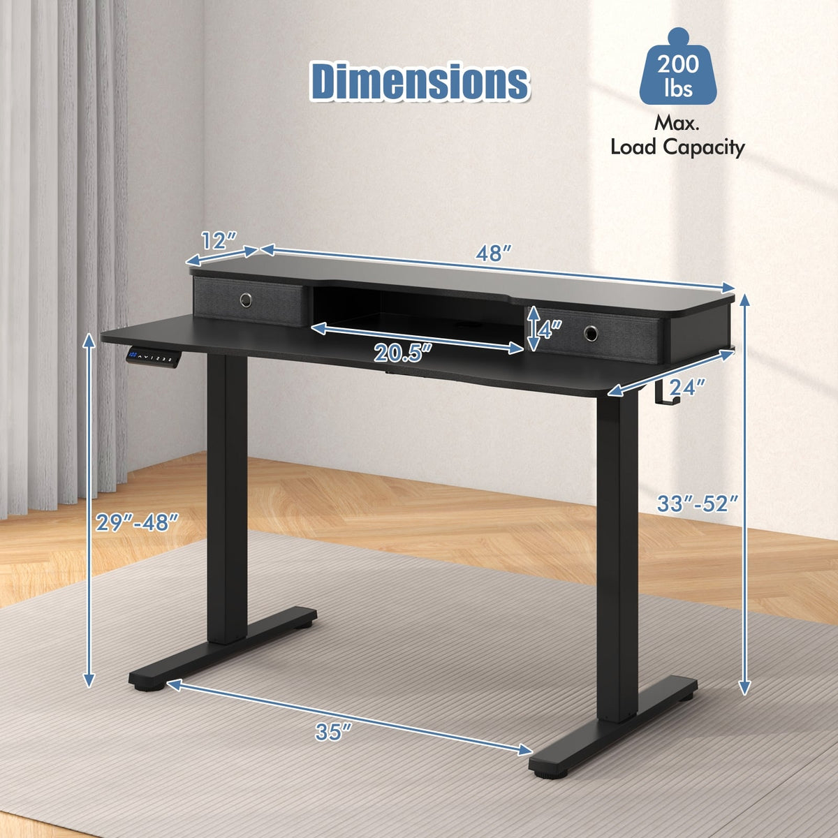 48 Inch x 24 Inch Height Adjustable Electric Standing Desk with 2 Drawers-Black-Standing Desks-DECOROLALA