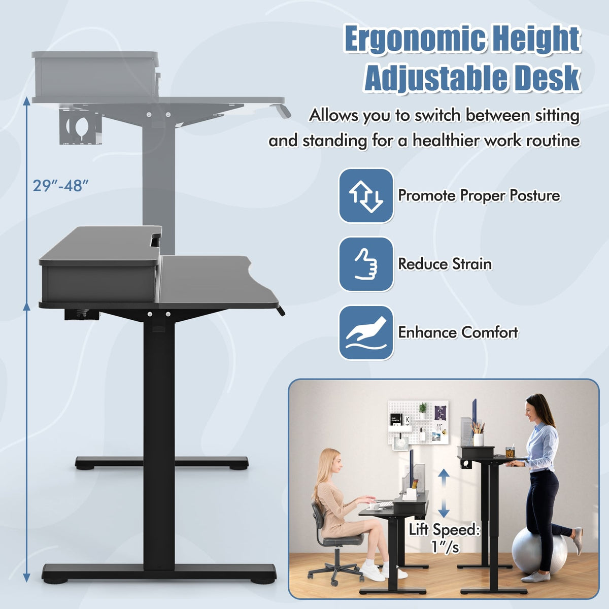 48 Inch x 24 Inch Height Adjustable Electric Standing Desk with 2 Drawers-Black-Standing Desks-DECOROLALA