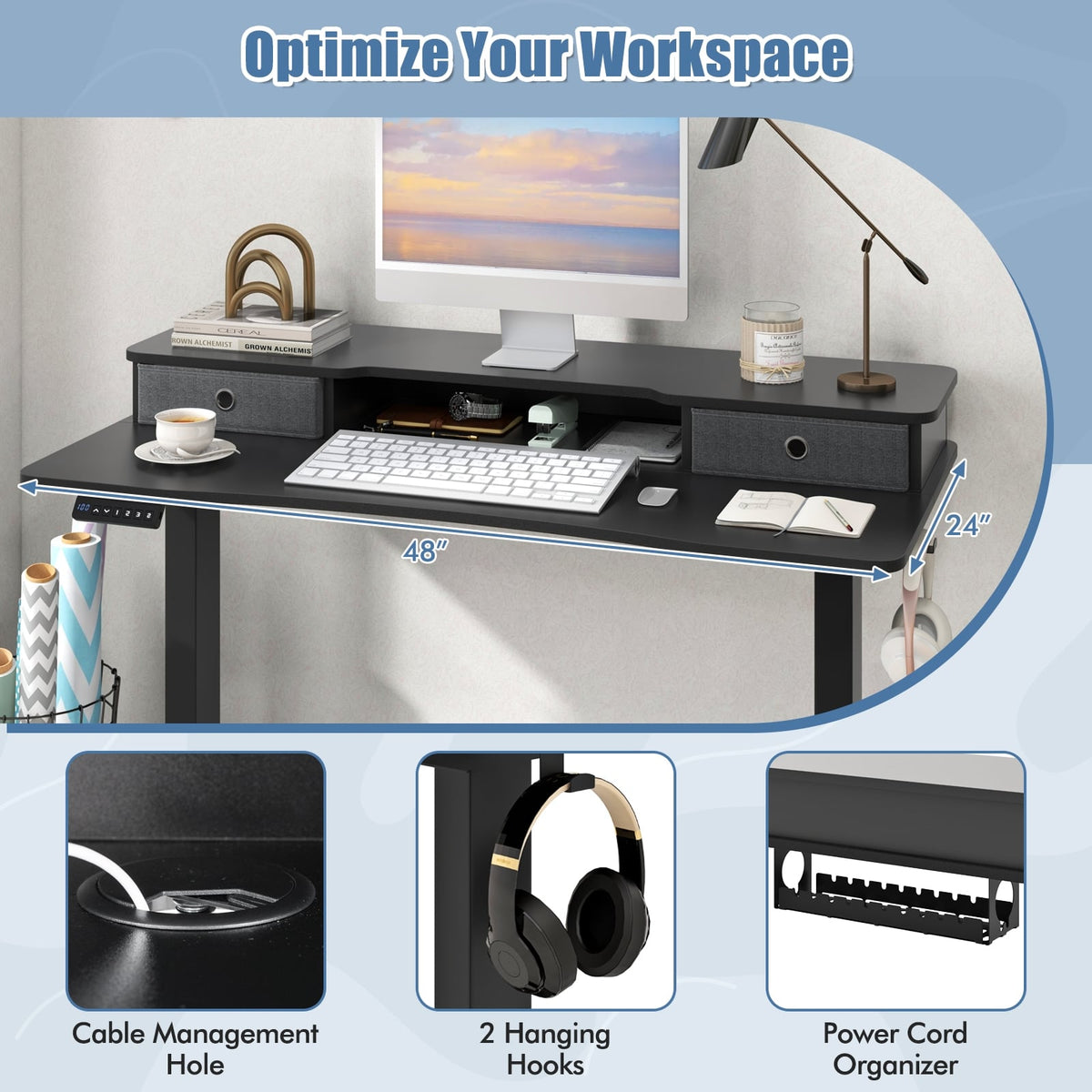 48 Inch x 24 Inch Height Adjustable Electric Standing Desk with 2 Drawers-Black-Standing Desks-DECOROLALA