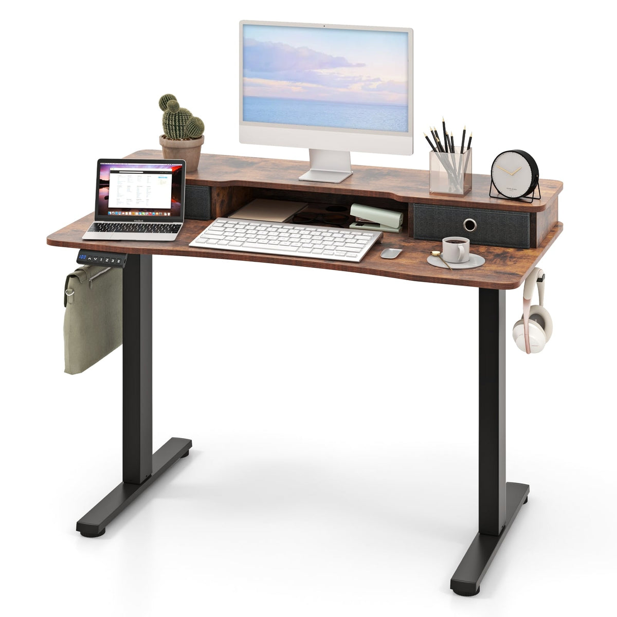 48 Inch x 24 Inch Height Adjustable Electric Standing Desk with 2 Drawers-Rustic Brown-Standing Desks-DECOROLALA