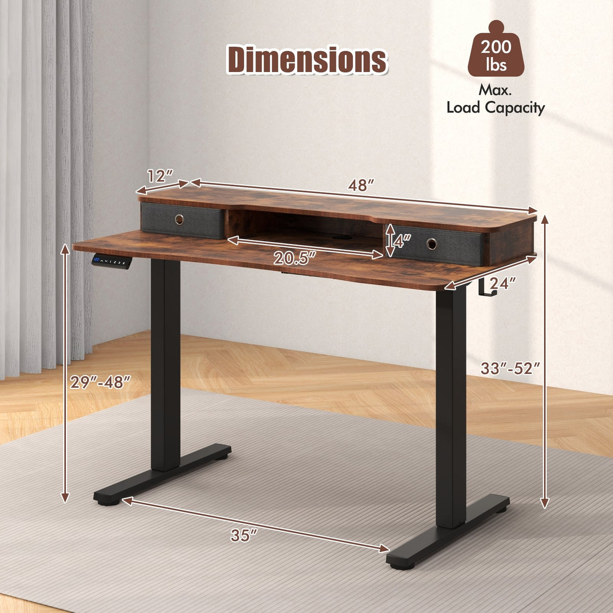 48 Inch x 24 Inch Height Adjustable Electric Standing Desk with 2 Drawers-Rustic Brown-Standing Desks-DECOROLALA
