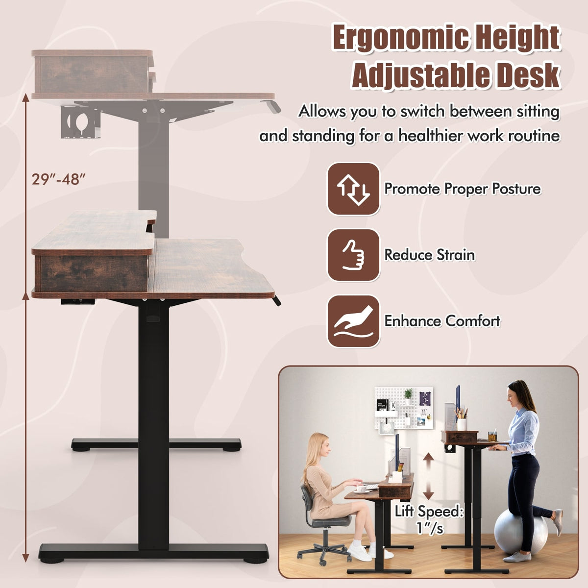 48 Inch x 24 Inch Height Adjustable Electric Standing Desk with 2 Drawers-Rustic Brown-Standing Desks-DECOROLALA