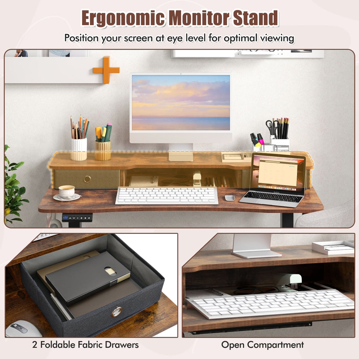 48 Inch x 24 Inch Height Adjustable Electric Standing Desk with 2 Drawers-Rustic Brown-Standing Desks-DECOROLALA