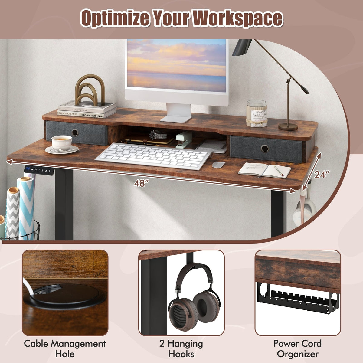 48 Inch x 24 Inch Height Adjustable Electric Standing Desk with 2 Drawers-Rustic Brown-Standing Desks-DECOROLALA