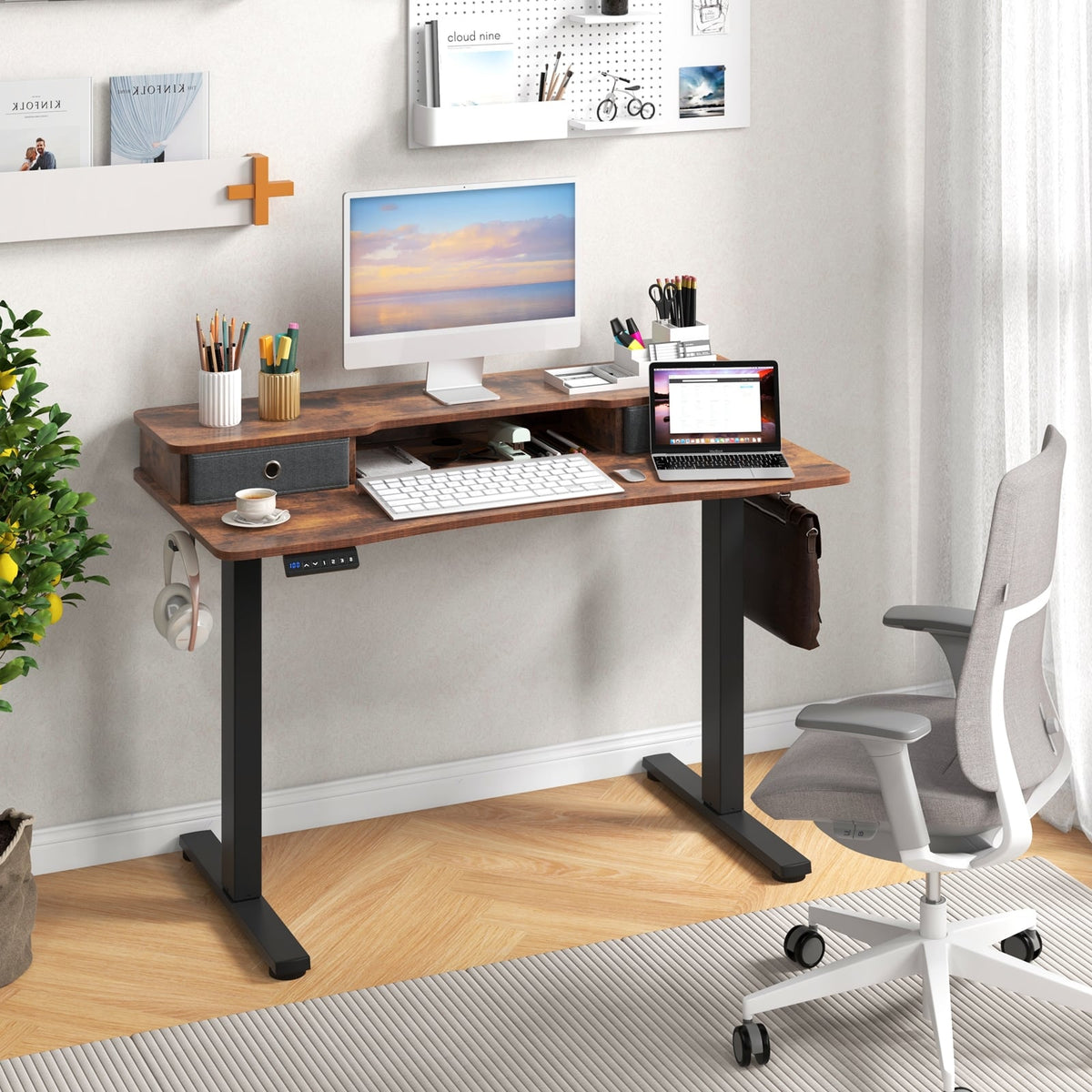 48 Inch x 24 Inch Height Adjustable Electric Standing Desk with 2 Drawers-Rustic Brown-Standing Desks-DECOROLALA