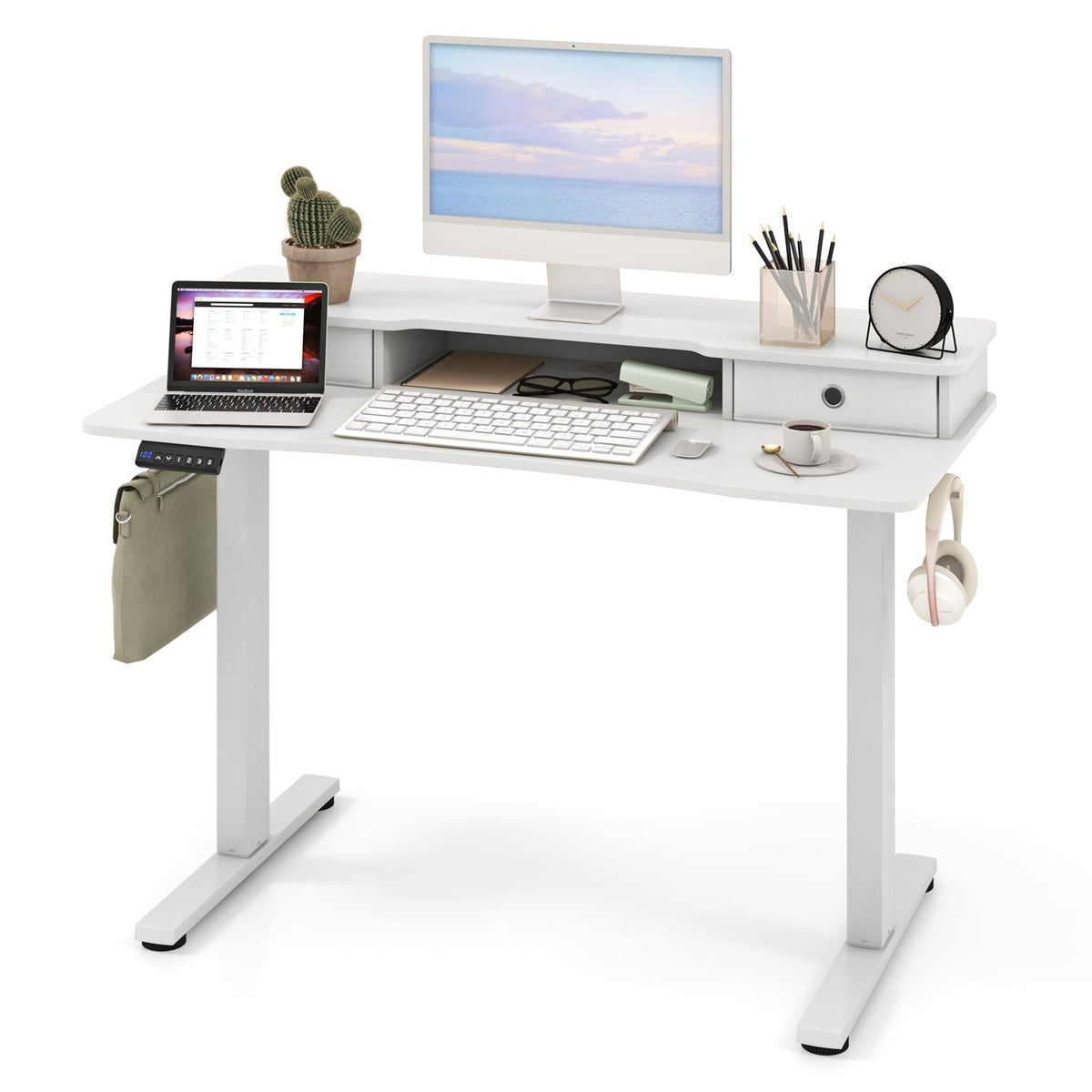 48 Inch x 24 Inch Height Adjustable Electric Standing Desk with 2 Drawers-White-Standing Desks-DECOROLALA