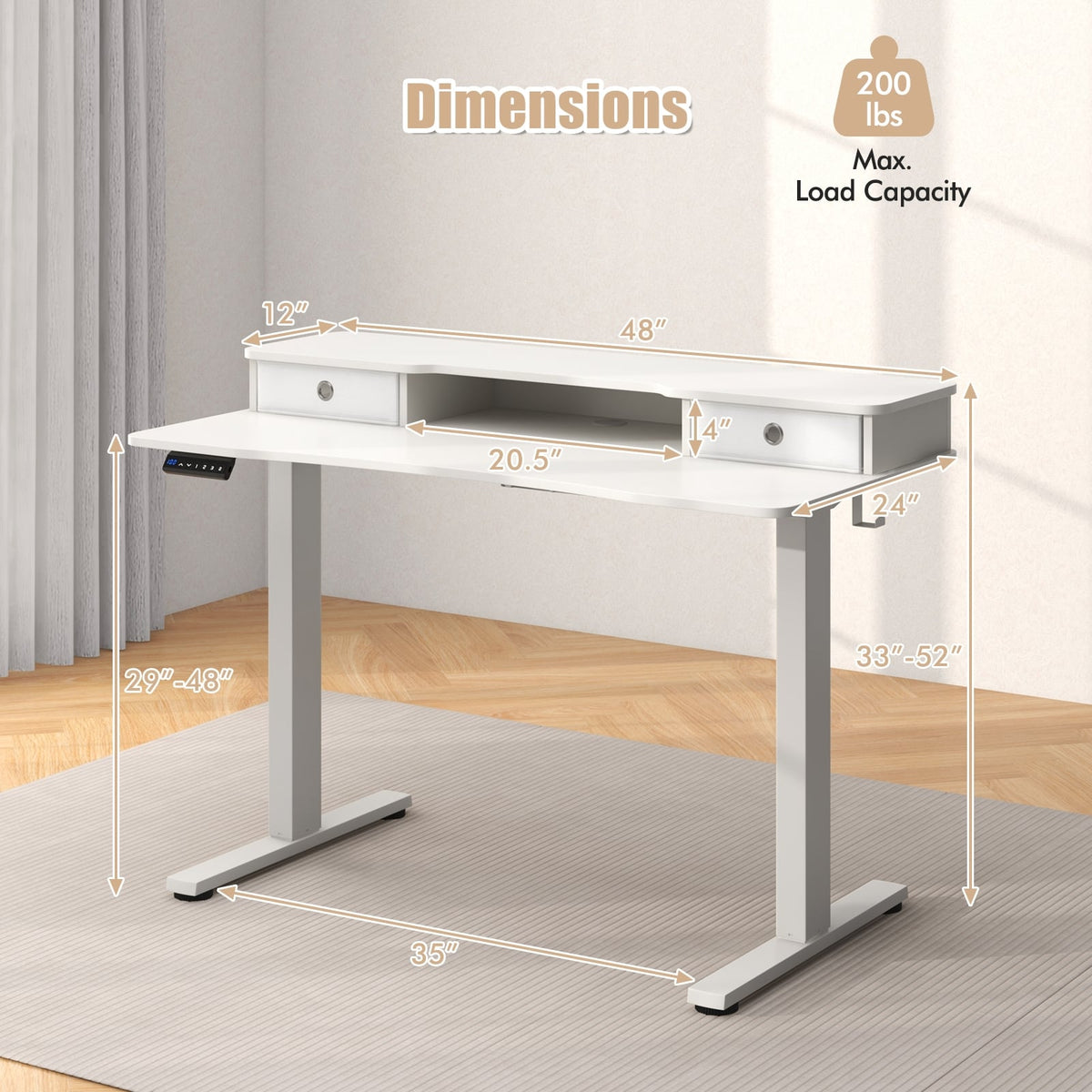 48 Inch x 24 Inch Height Adjustable Electric Standing Desk with 2 Drawers-White-Standing Desks-DECOROLALA