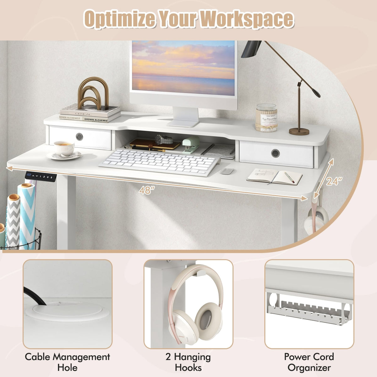48 Inch x 24 Inch Height Adjustable Electric Standing Desk with 2 Drawers-White-Standing Desks-DECOROLALA