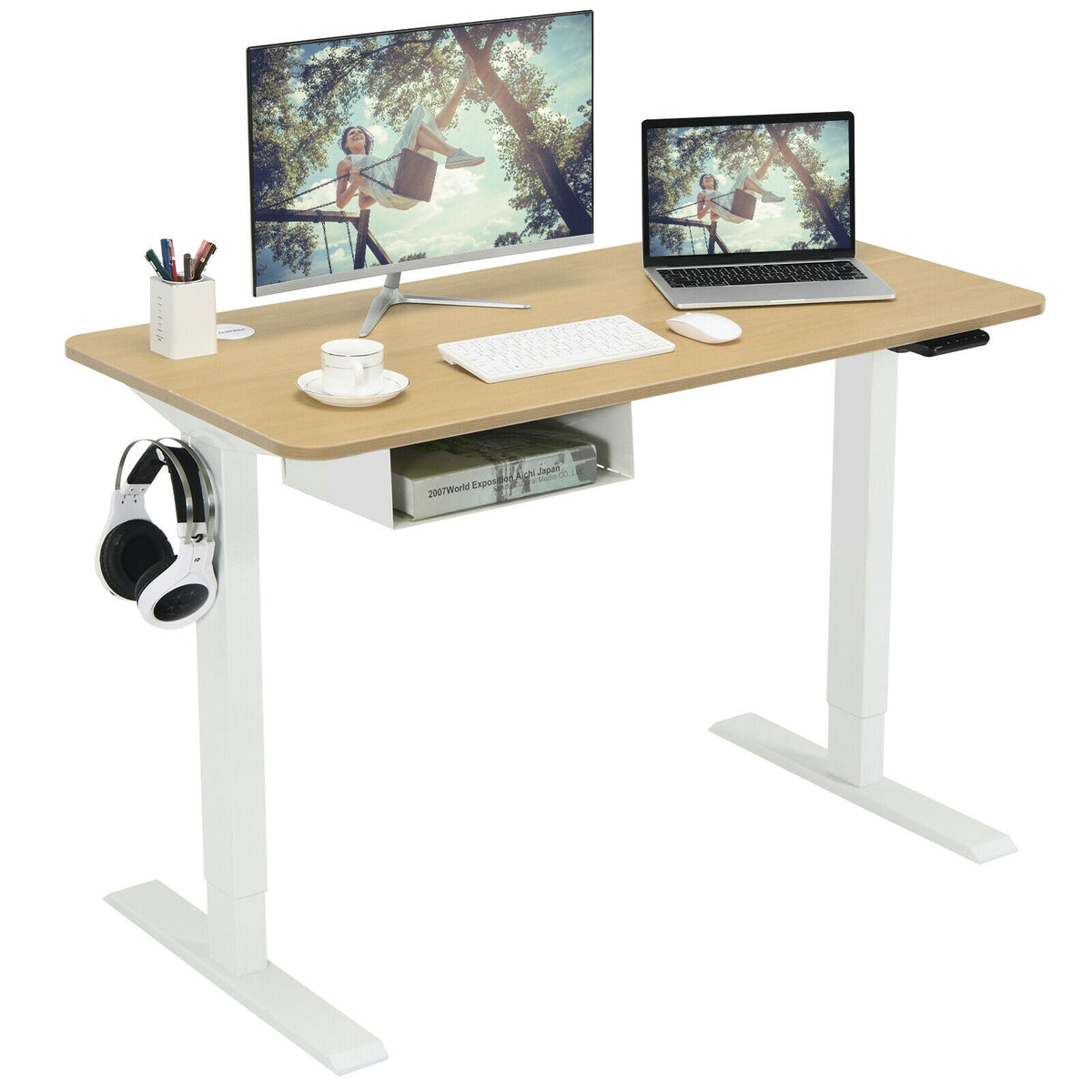 48 Inches Electric Standing Adjustable Desk with Control Panel and USB Port-Beige-Standing Desks-DECOROLALA