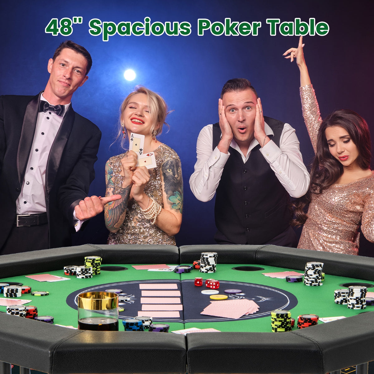 48" Foldable Octagon Poker Table - Padded Rails and 10 Cup Holders