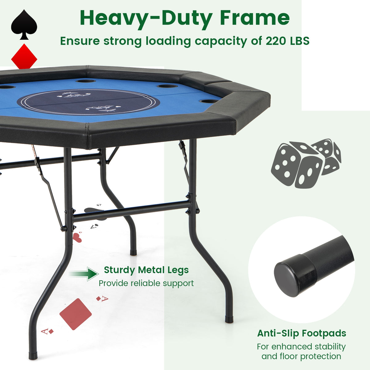48" Foldable Octagon Poker Table - Padded Rails and 10 Cup Holders
