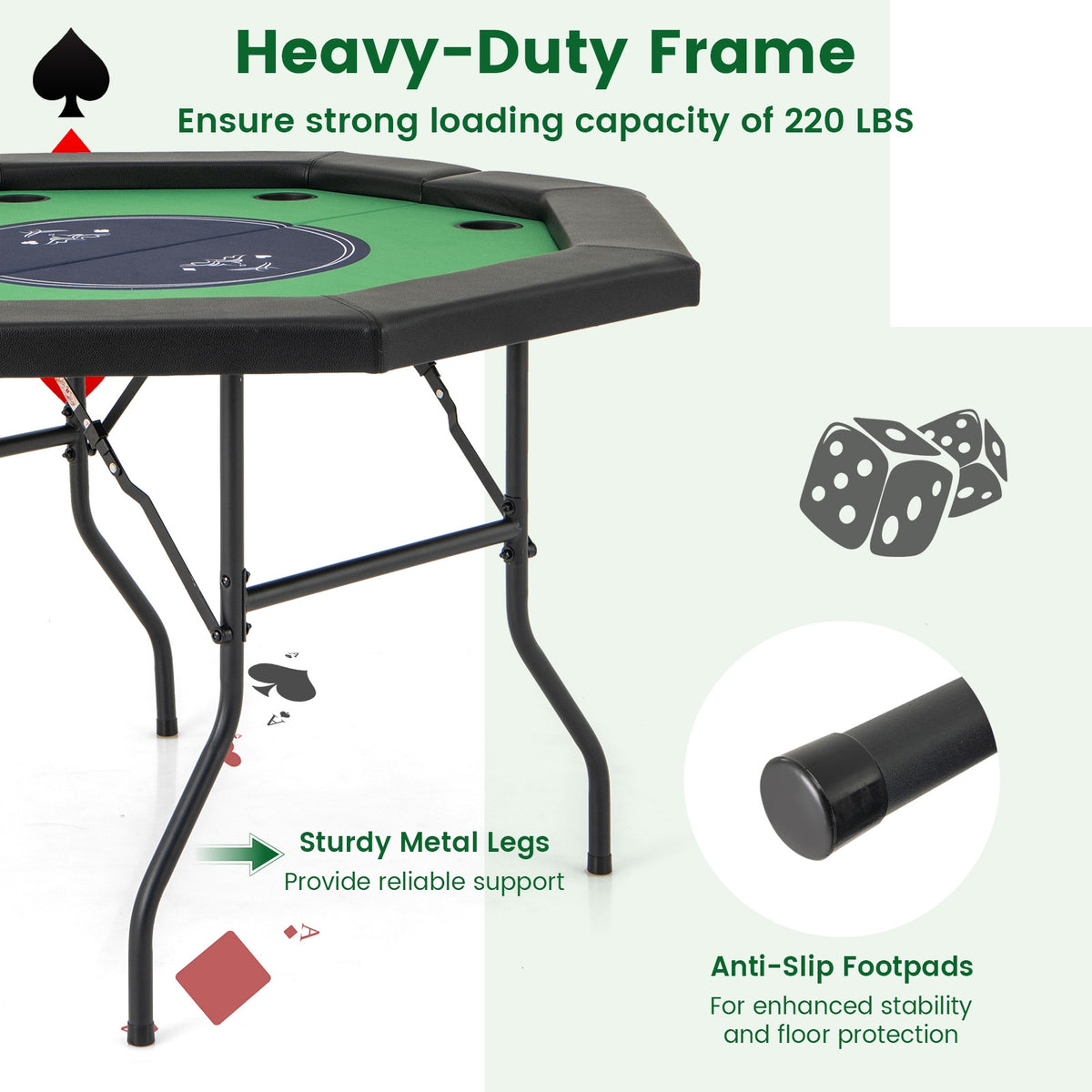 48" Foldable Octagon Poker Table - Padded Rails and 10 Cup Holders