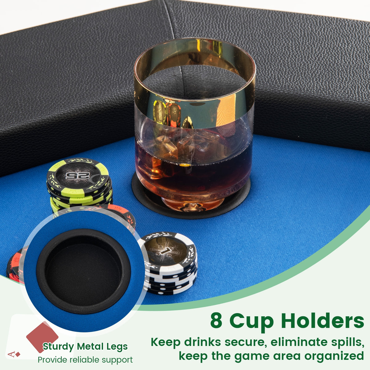 48" Foldable Octagon Poker Table - Padded Rails and 10 Cup Holders
