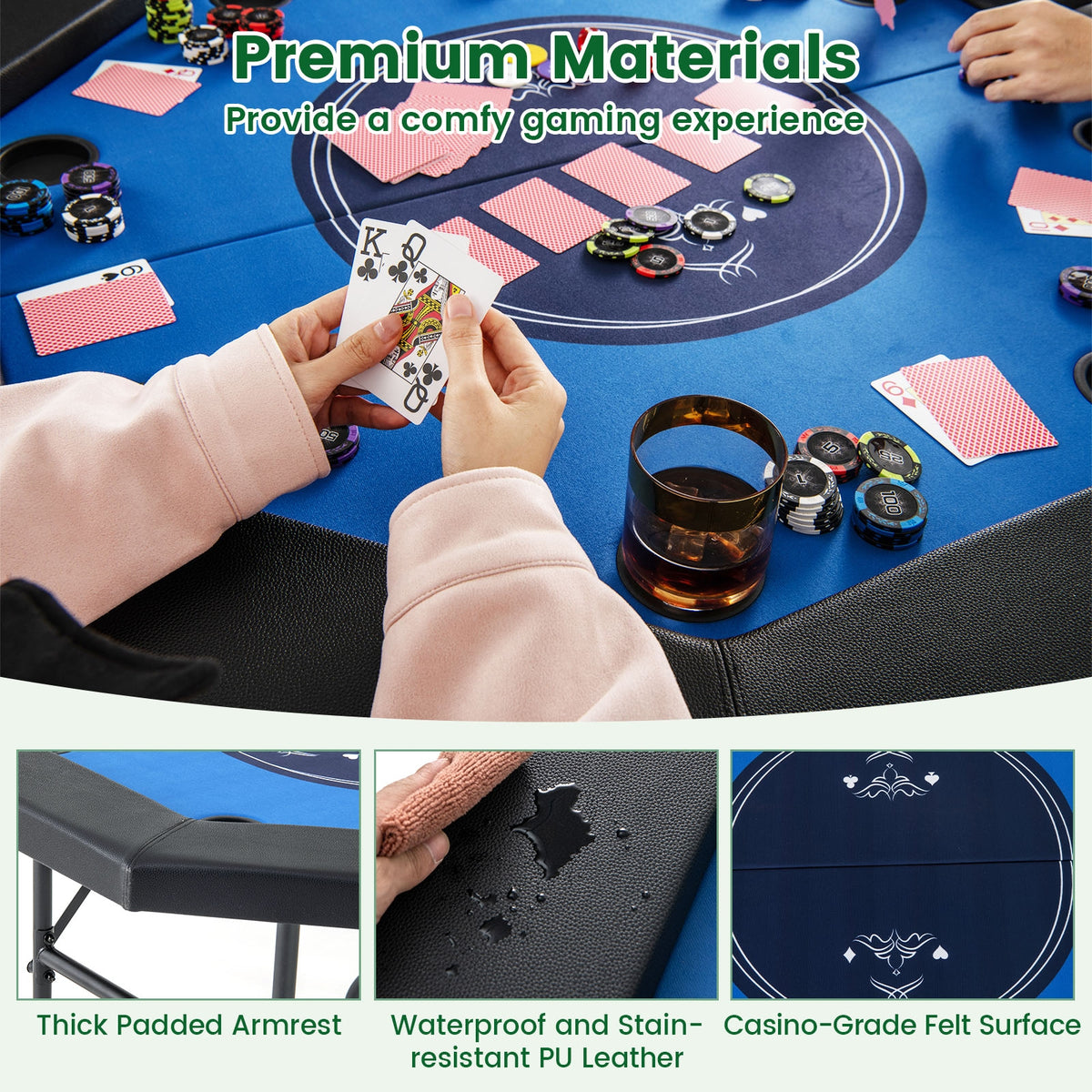 48" Foldable Octagon Poker Table - Padded Rails and 10 Cup Holders