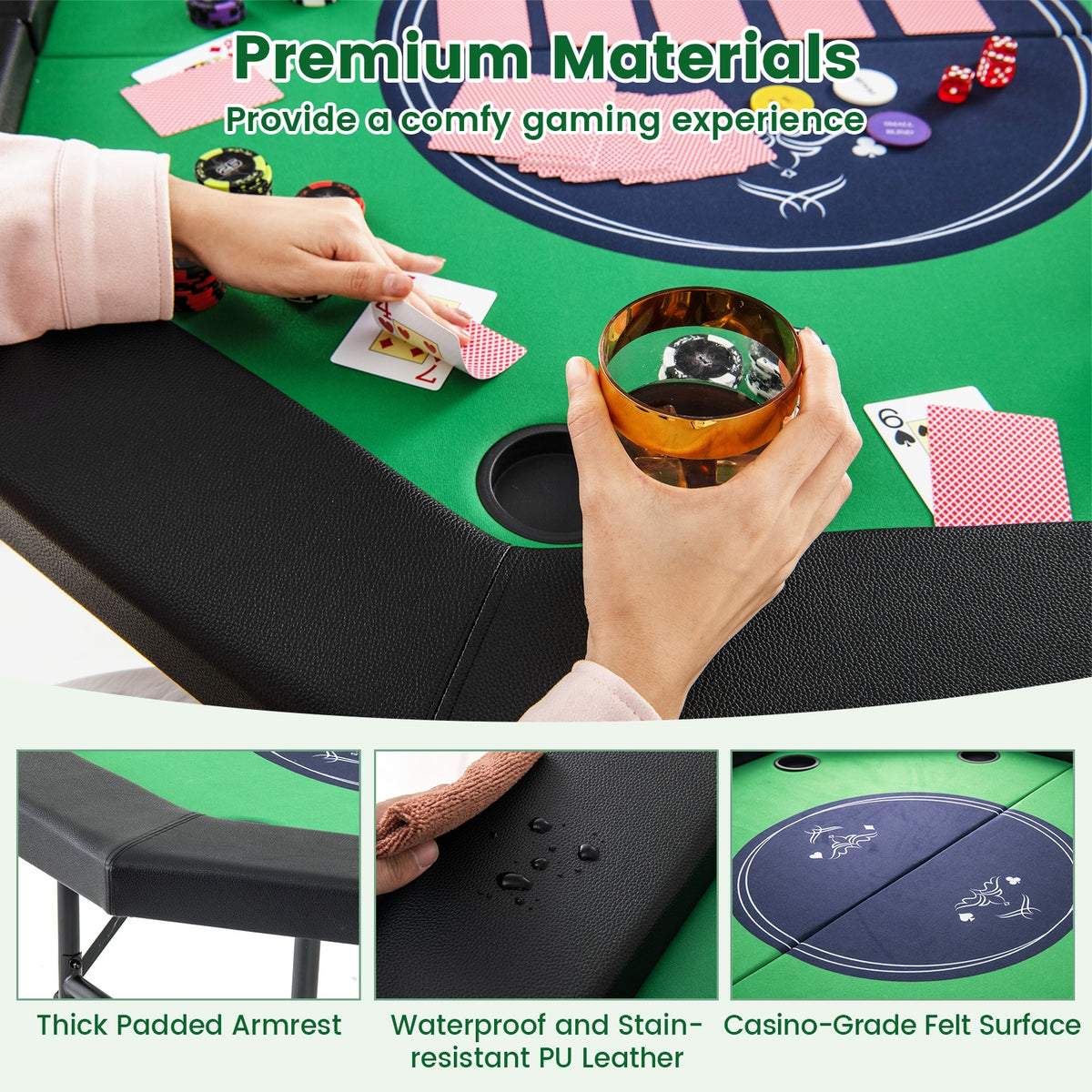 48" Foldable Octagon Poker Table - Padded Rails and 10 Cup Holders