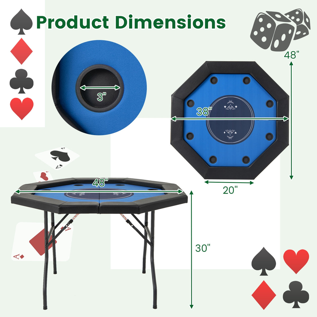 48" Foldable Octagon Poker Table - Padded Rails and 10 Cup Holders