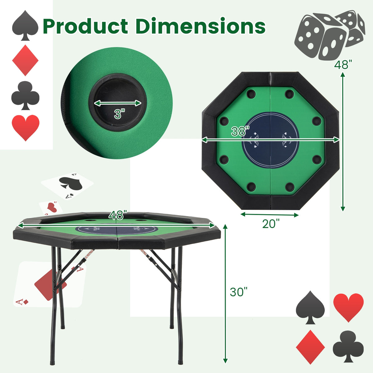 48" Foldable Octagon Poker Table - Padded Rails and 10 Cup Holders