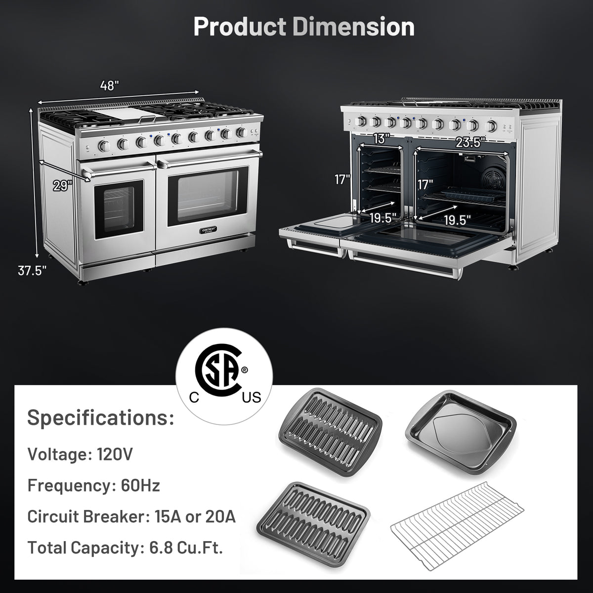 48 Inches Freestanding Natural Gas Range with 7 Burners Cooktop-Food Warmers & Burners-DECOROLALA