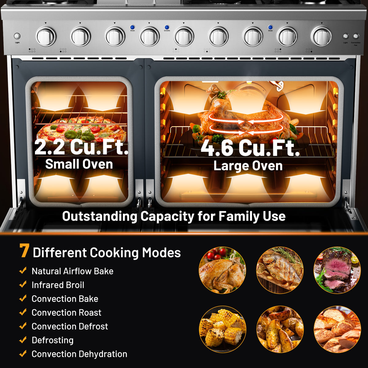 48 Inches Freestanding Natural Gas Range with 7 Burners Cooktop-Food Warmers & Burners-DECOROLALA