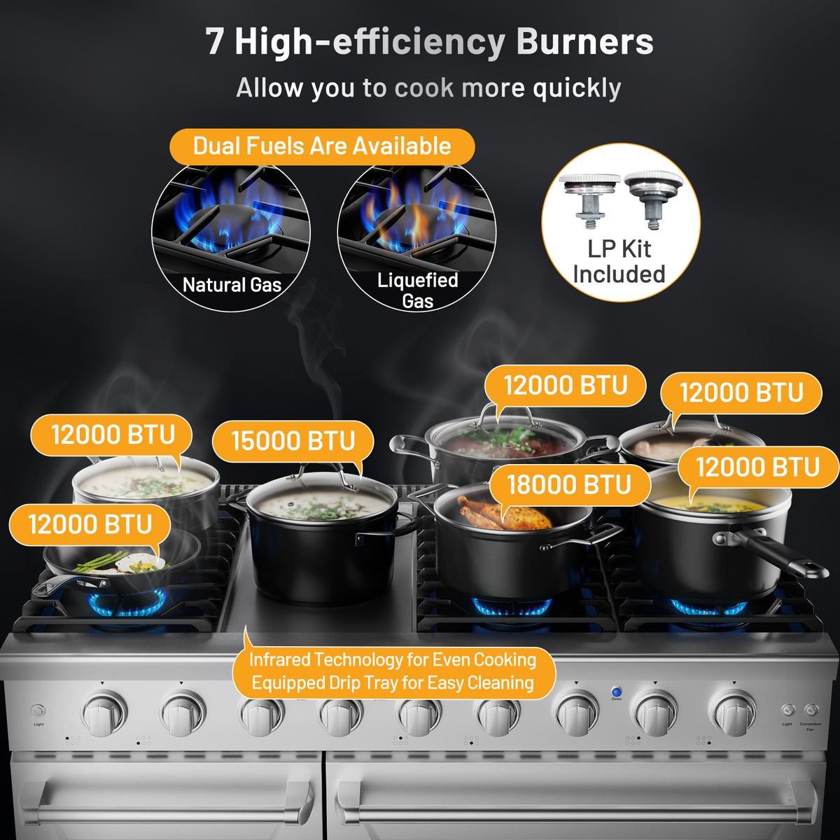 48 Inches Freestanding Natural Gas Range with 7 Burners Cooktop-Food Warmers & Burners-DECOROLALA