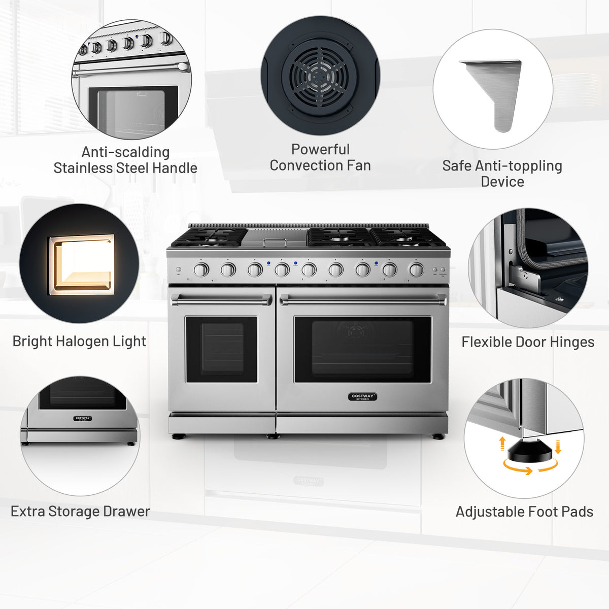 48 Inches Freestanding Natural Gas Range with 7 Burners Cooktop-Food Warmers & Burners-DECOROLALA