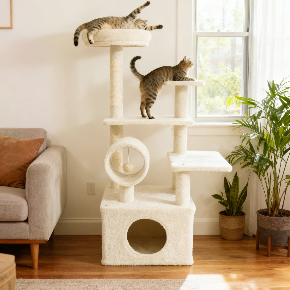 48 Inches Tall Cat Tree Multi-Level Kitten Tower with Large Condo Padded Top Perch-Beige-Cat Trees & Scratchers-DECOROLALA